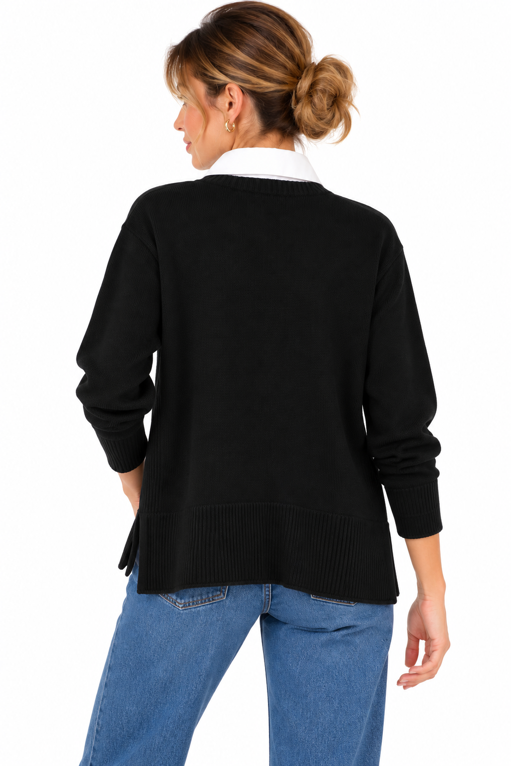 Jersey negro de punto con efecto camisa y bajo más largo por detrás