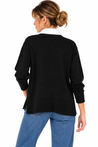 Jersey negro de punto con efecto camisa y bajo más largo por detrás