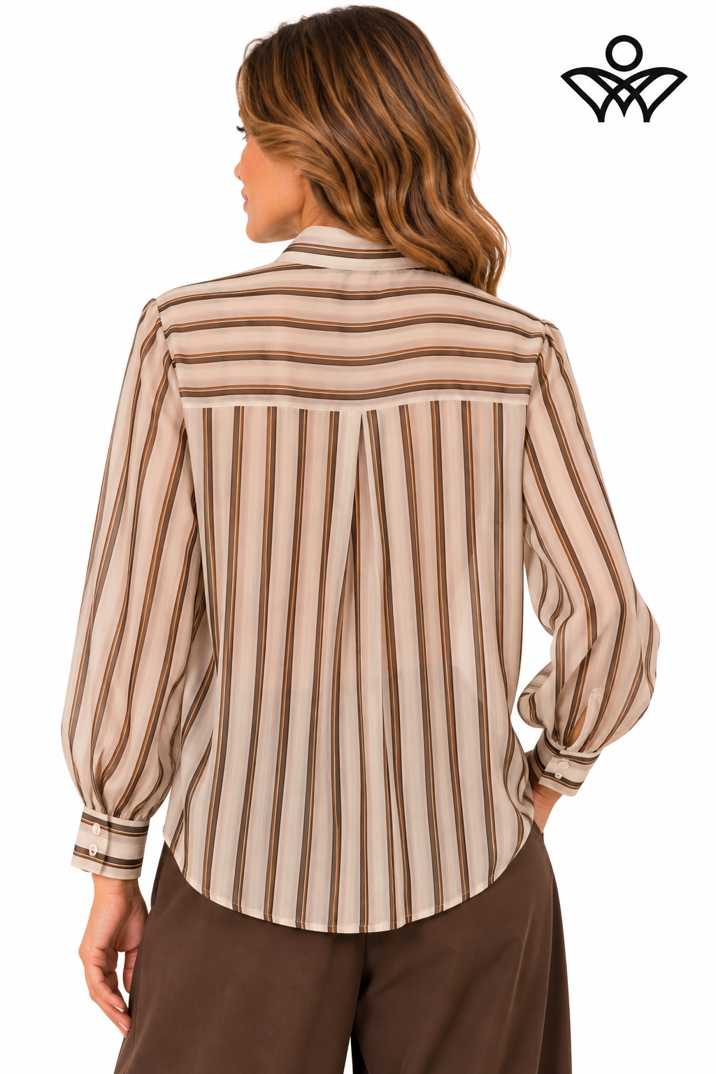 Camisa de gasa marrón y beige de mujer con rayas y lazo