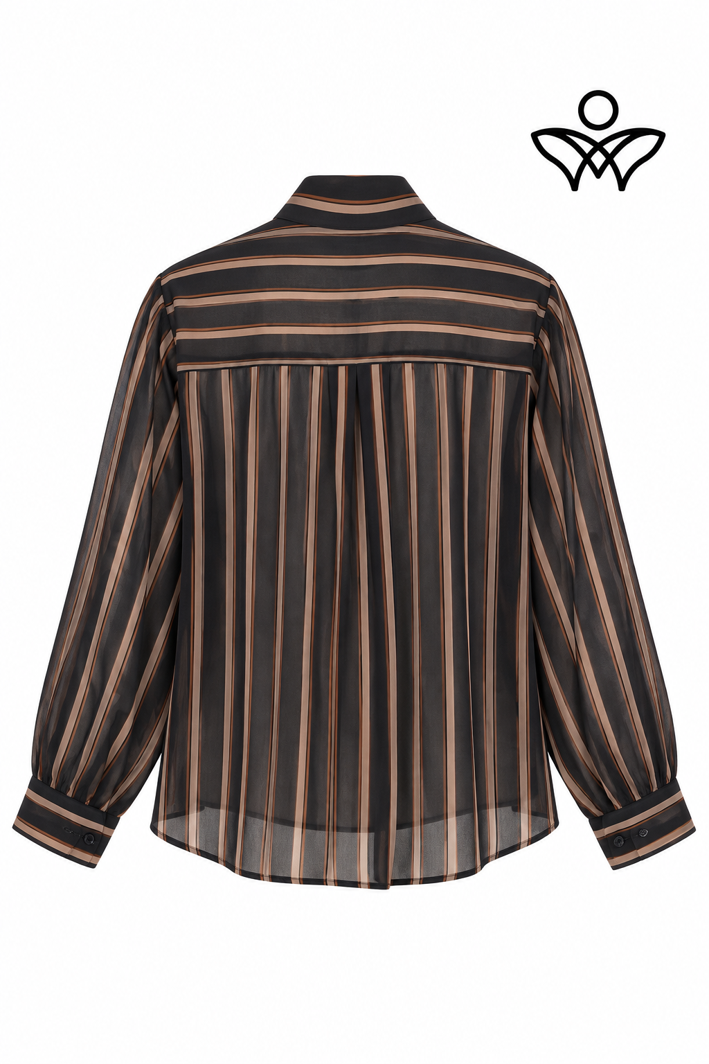 Camisa de gasa negra y beige de mujer con rayas y lazo