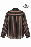 Camisa de gasa negra y beige de mujer con rayas y lazo