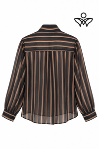 Camisa de gasa negra y beige de mujer con rayas y lazo