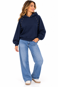 Sudadera de mujer azul marino con capucha y tachuelas doradas