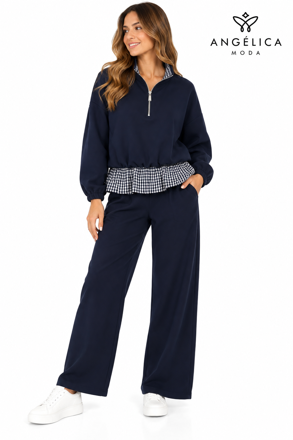 Conjunto de mujer azul marino de algodón con sudadera de cuadros y pantalón ancho
