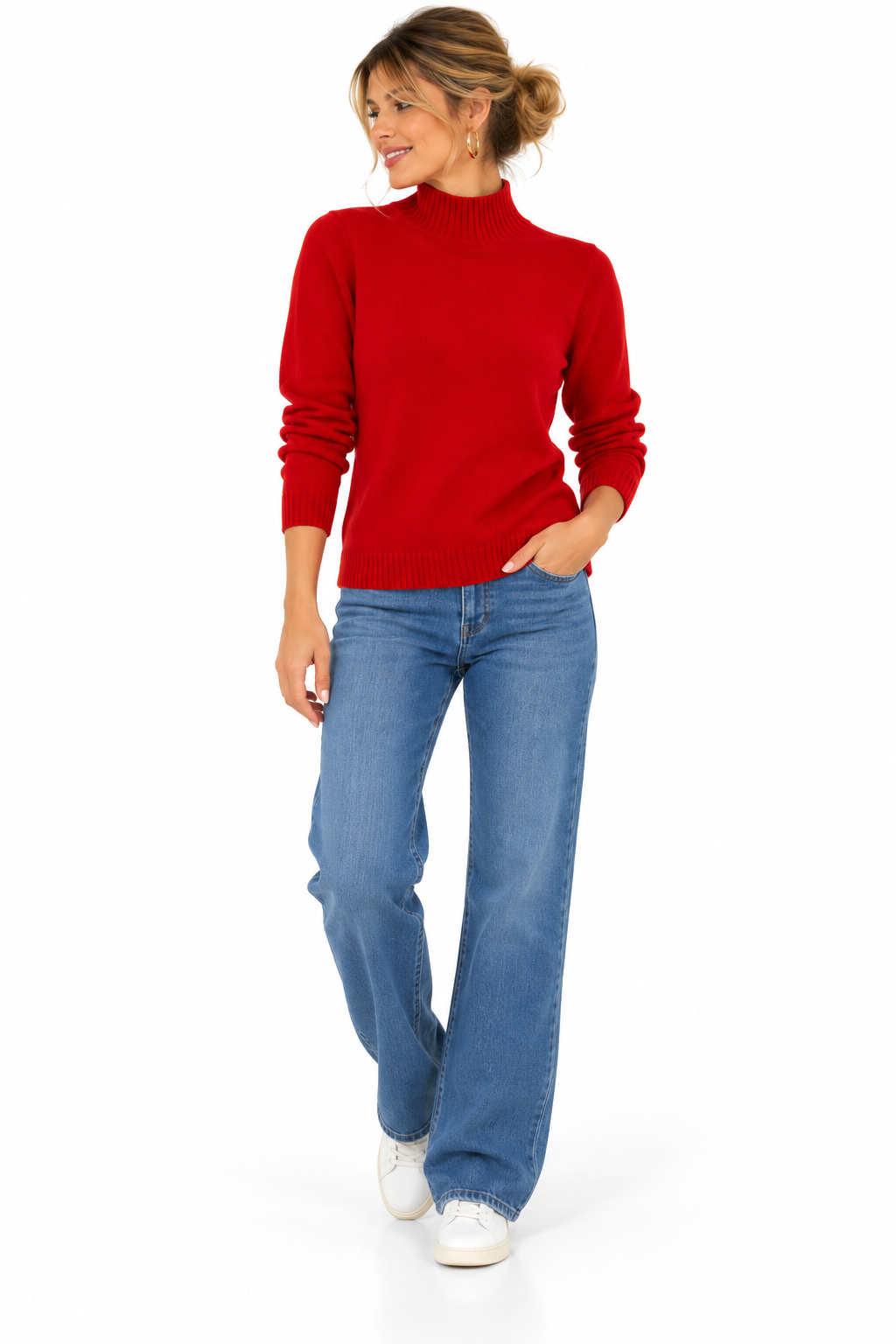 Jersey rojo de mujer con cuello perkins de punto suave