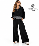 Conjunto de mujer negro de algodón con sudadera de cuadros y pantalón ancho