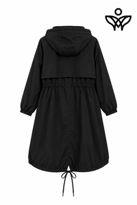 Trench gabardina negra con capucha, cintura ajustable y bolsillos