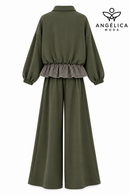 Conjunto de mujer verde militar de algodón con sudadera de cuadros y pantalón ancho