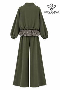 Conjunto de mujer verde militar de algodón con sudadera de cuadros y pantalón ancho