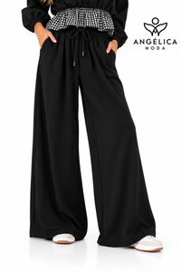 Conjunto de mujer negro de algodón con sudadera de cuadros y pantalón ancho