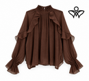 Camisa de gasa marrón chocolate con volantes y manga elegante