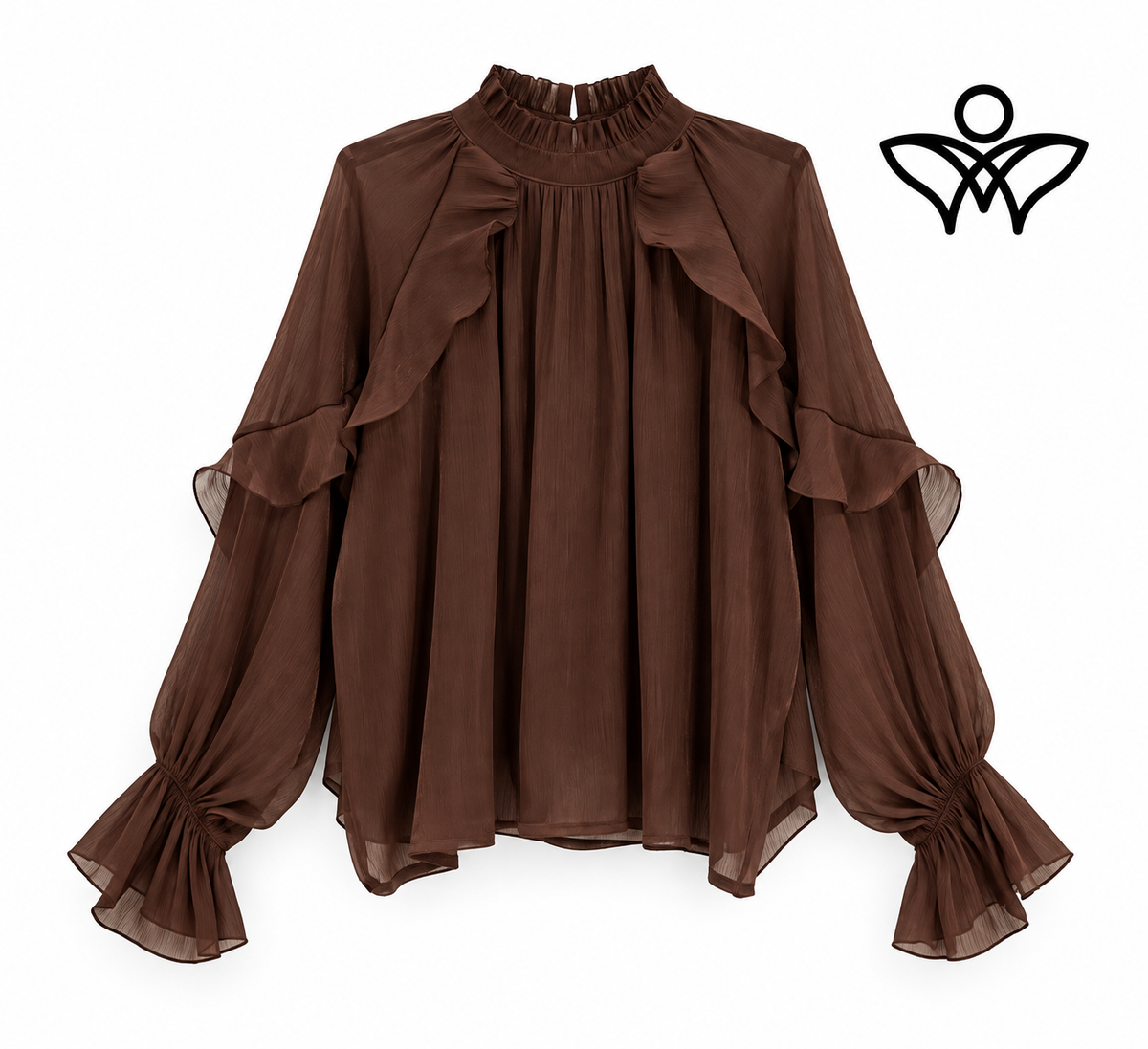 Camisa de gasa marrón chocolate con volantes y manga elegante