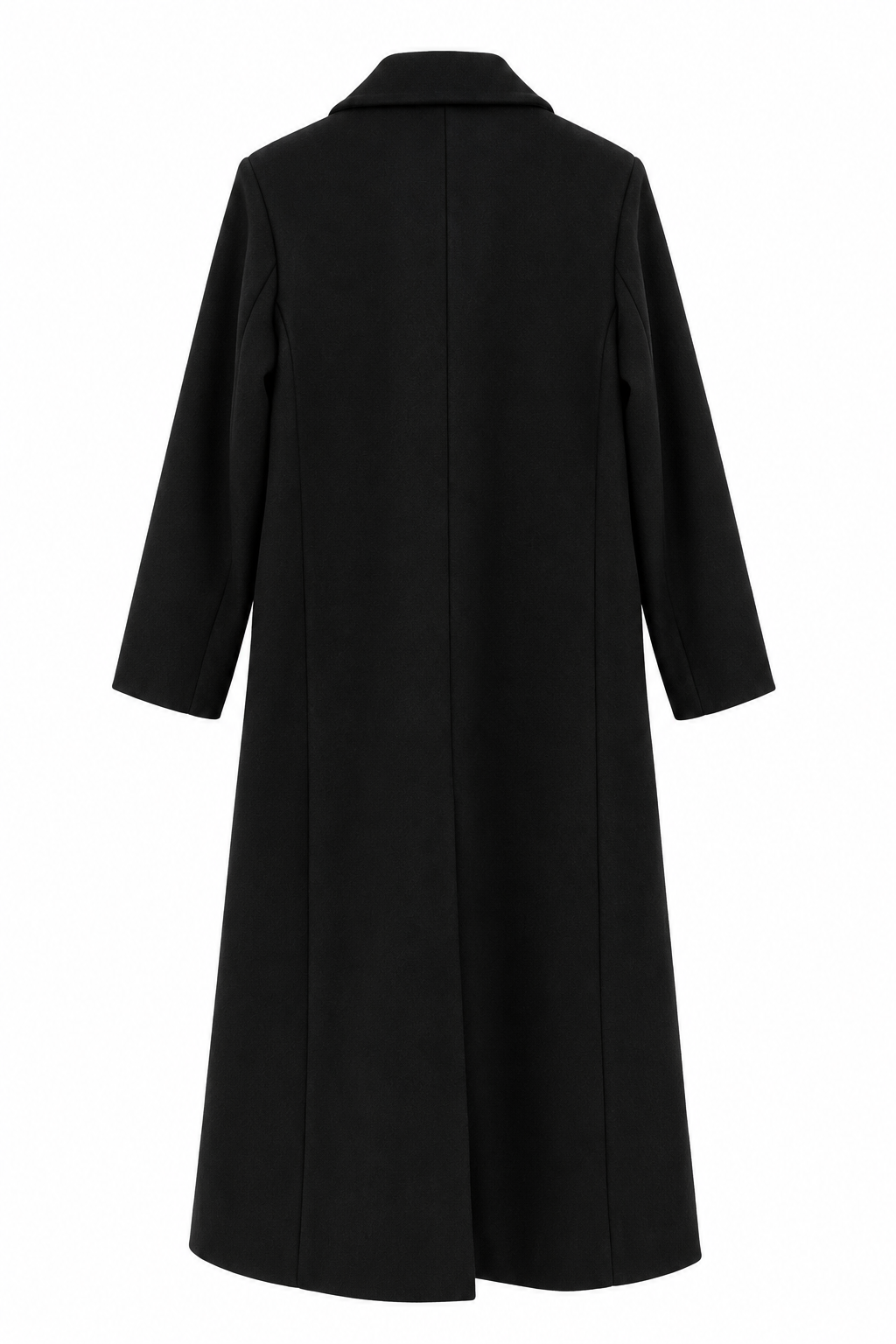Abrigo largo de paño negro para mujer con solapas y dos botones