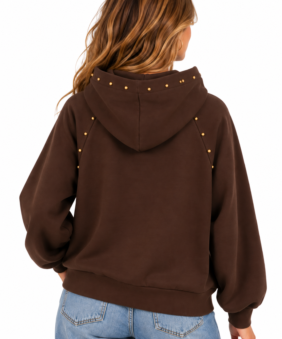 Sudadera de mujer marrón chocolate con capucha y detalles dorados