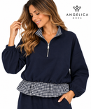 Conjunto de mujer azul marino de algodón con sudadera de cuadros y pantalón ancho