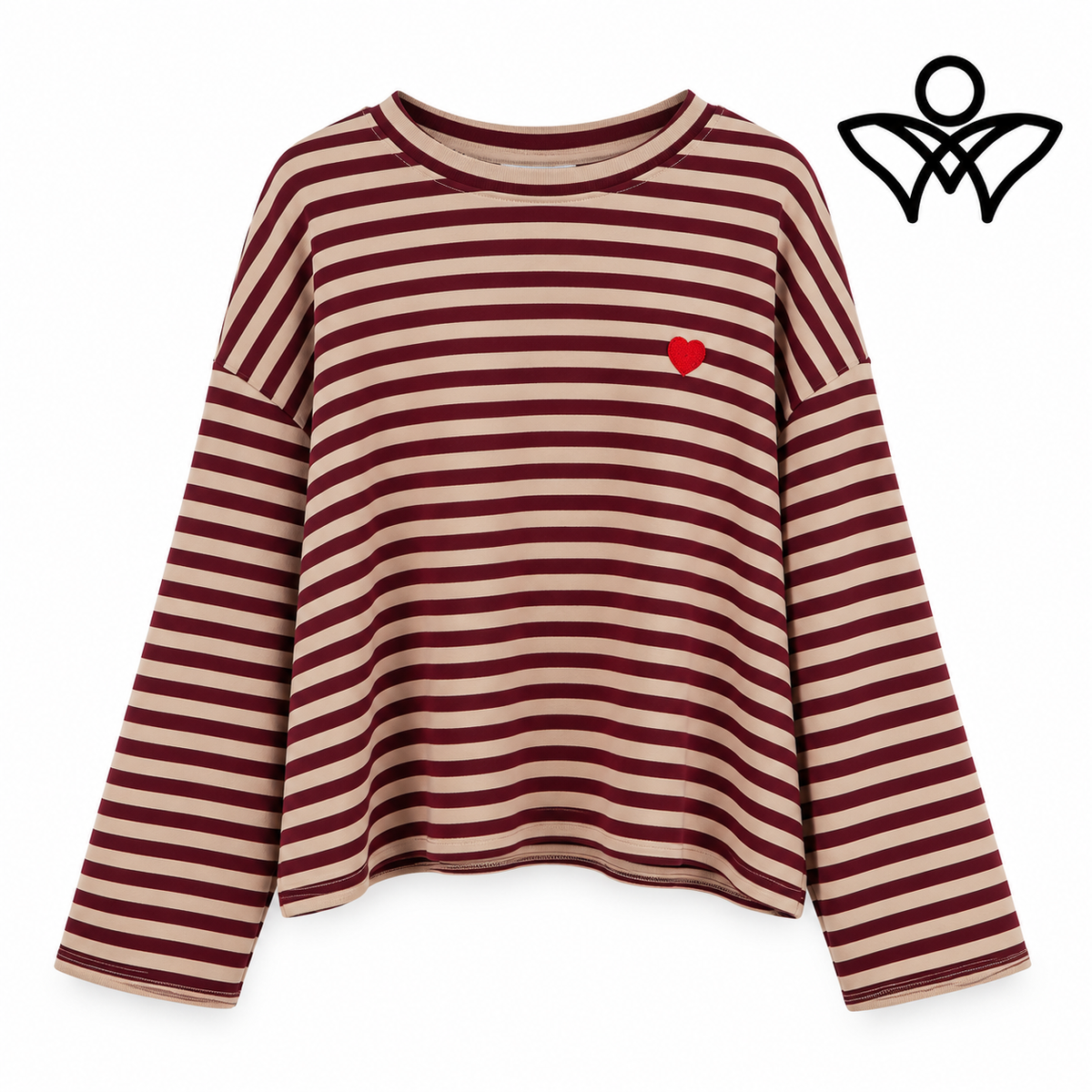 Sudadera de rayas burdeos y beige con corazón rojo de algodón