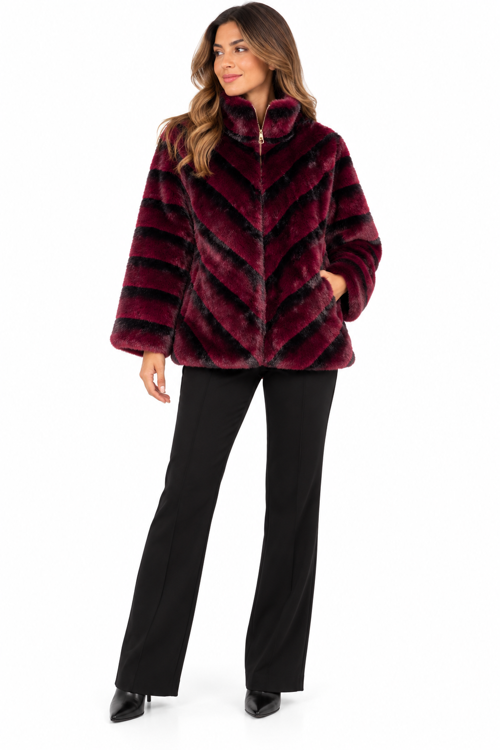 Chaqueta de pelo sintético burdeos y negro para mujer con cremallera