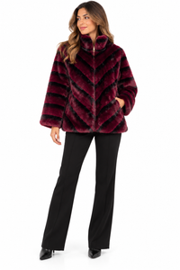 Chaqueta de pelo sintético burdeos y negro para mujer con cremallera