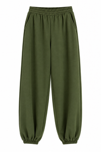 Conjunto de mujer verde militar de algodón con sudadera de volante y pantalón jogger