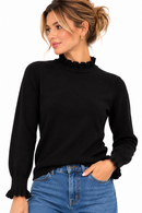 Jersey negro de mujer con volantes en cuello y puños