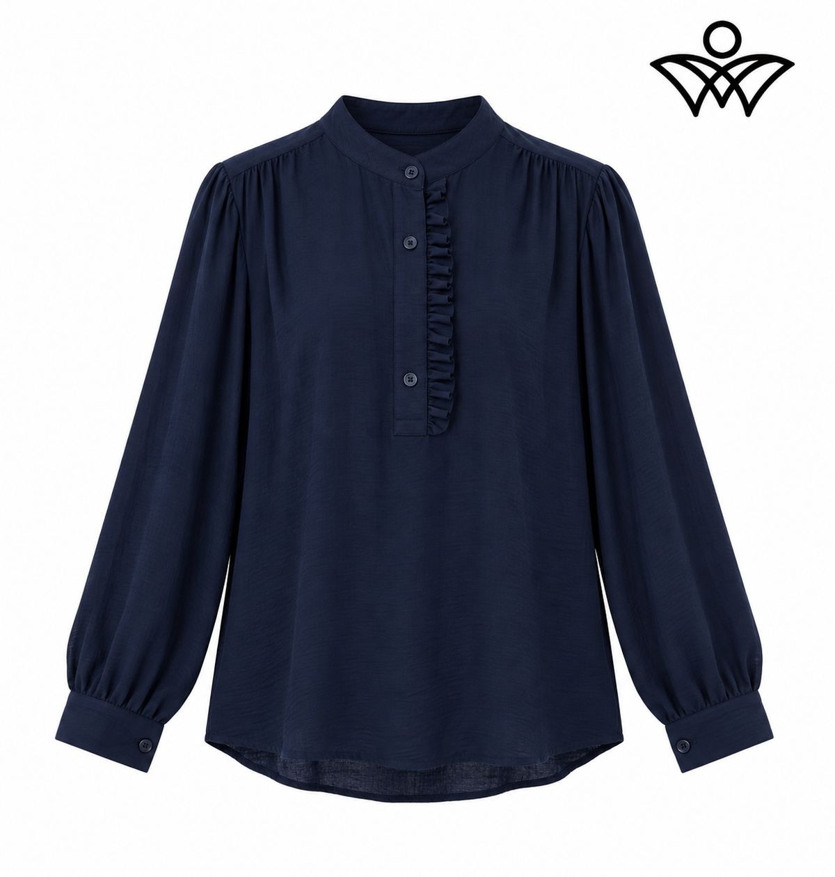 Camisa azul marino de mujer con cuello mao y volante delantero