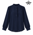 Camisa azul marino de mujer con cuello mao y volante delantero