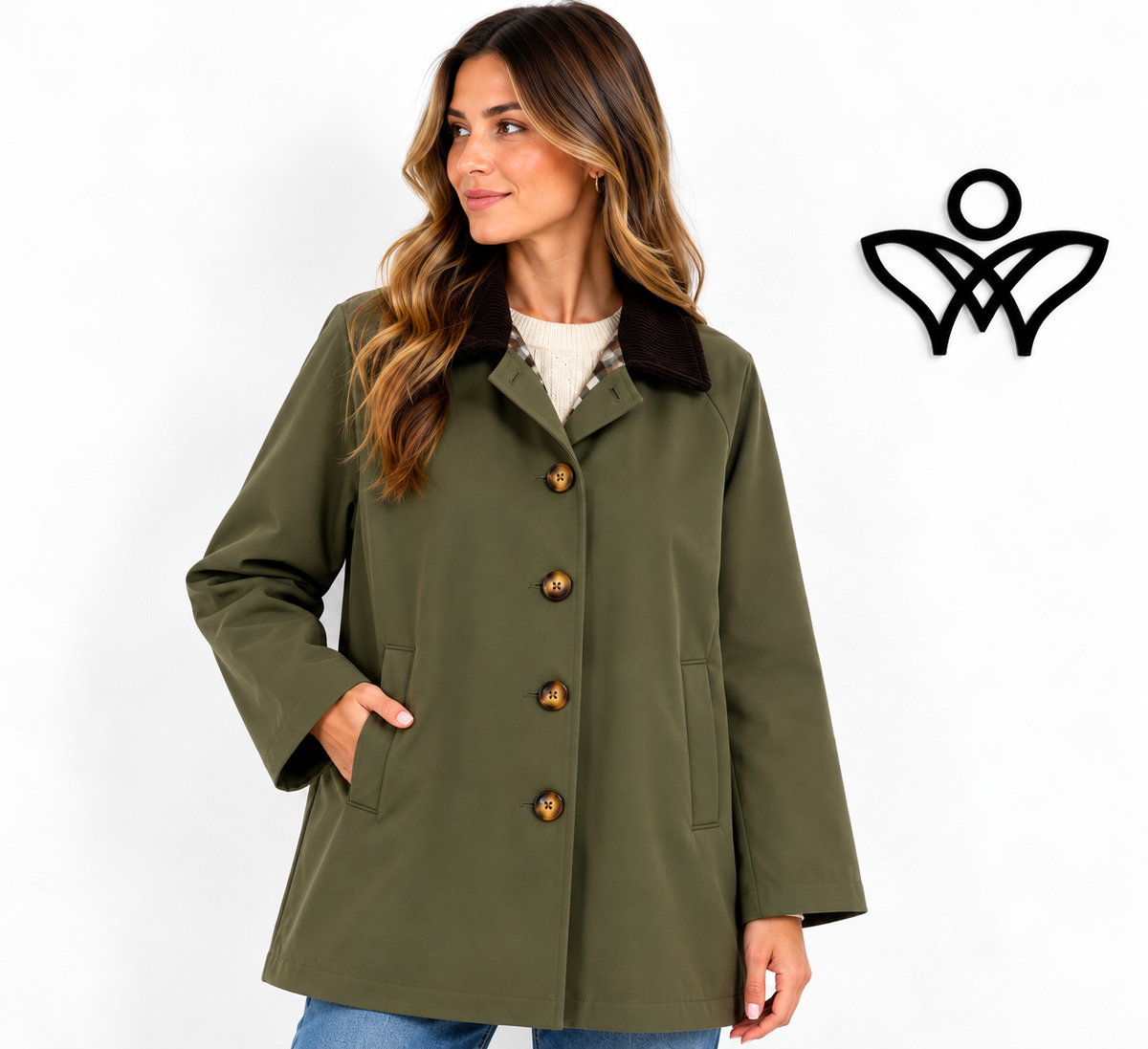 Chaqueta parka verde militar con cuello de pana marrón chocolate