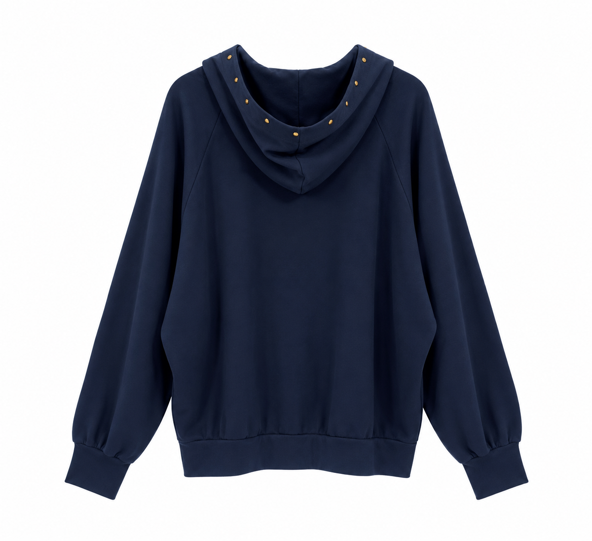 Sudadera de mujer azul marino con capucha y tachuelas doradas