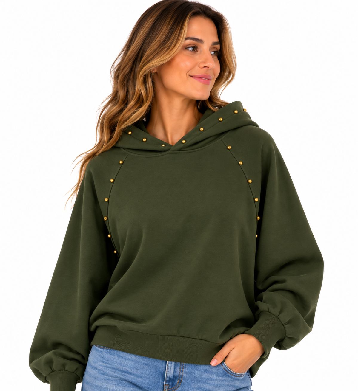 Sudadera de mujer verde militar con capucha y tachuelas doradas