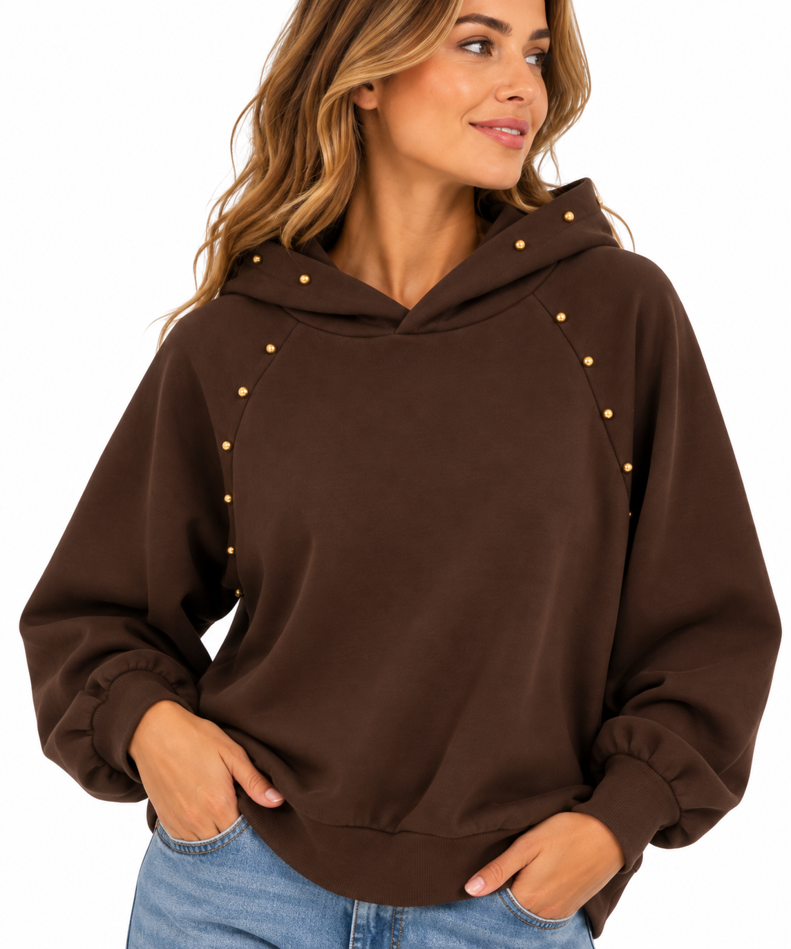 Sudadera de mujer marrón chocolate con capucha y detalles dorados