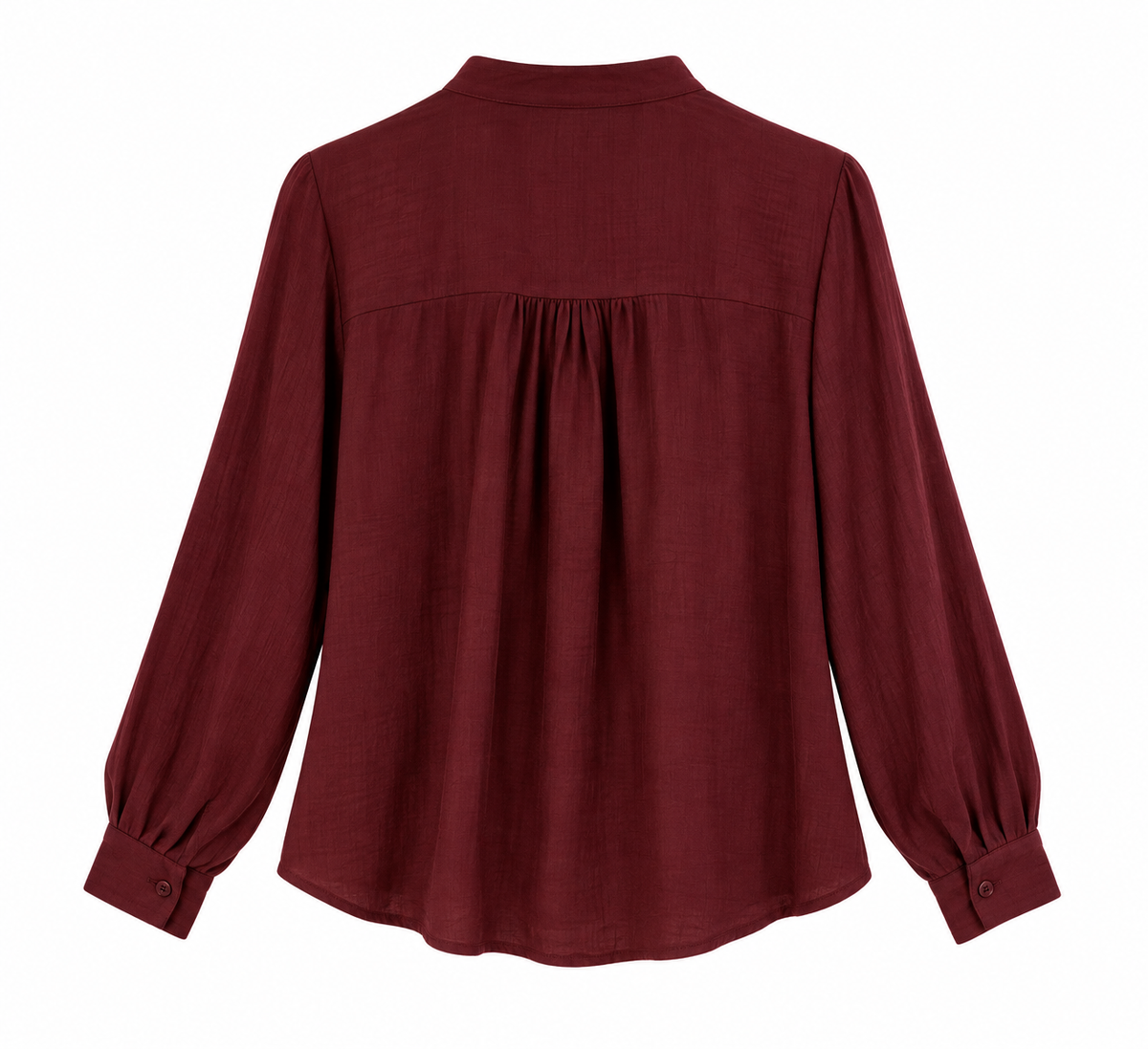 Camisa burdeos de mujer con cuello mao y volante delantero