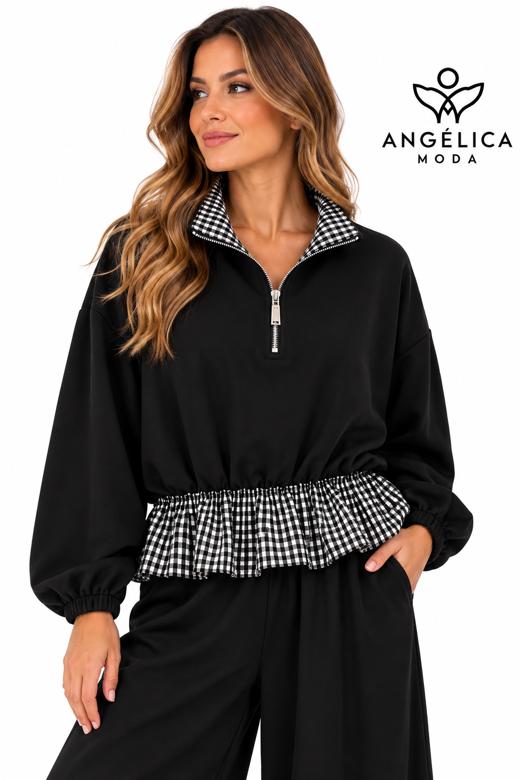 Conjunto de mujer negro de algodón con sudadera de cuadros y pantalón ancho
