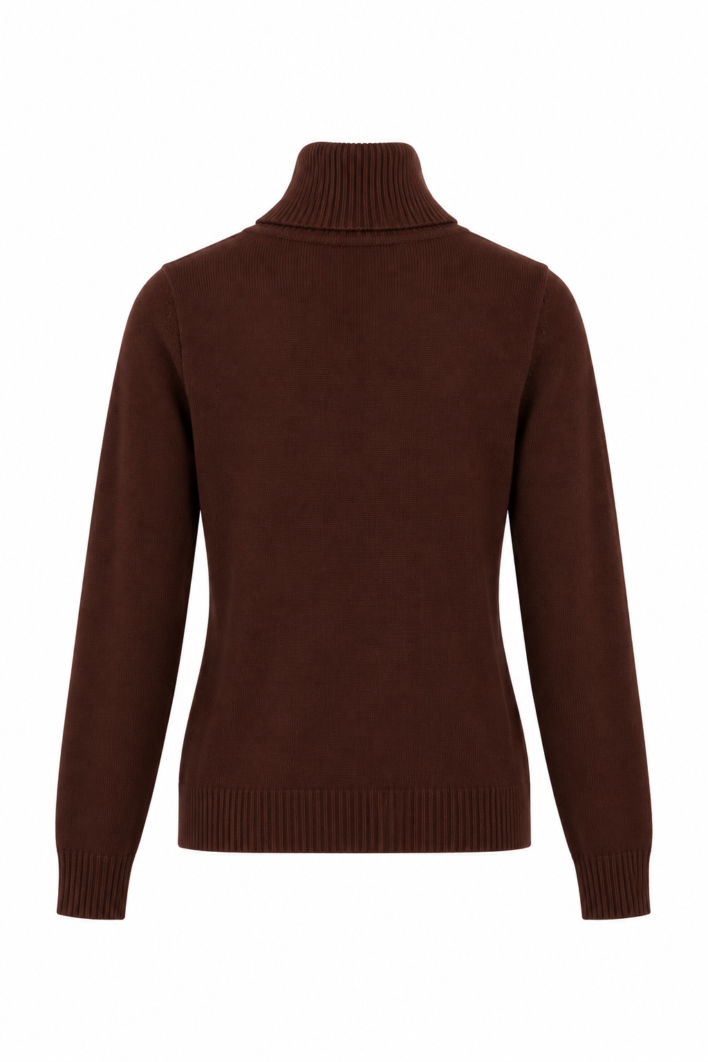 Jersey de punto marrón chocolate para mujer con cuello alto vuelto
