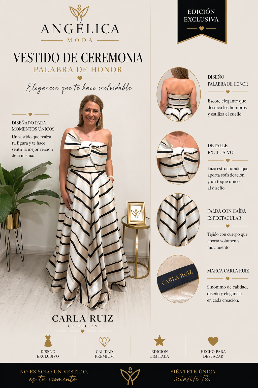 Vestido de ceremonia palabra de honor Carla Ruiz con falda estructurada