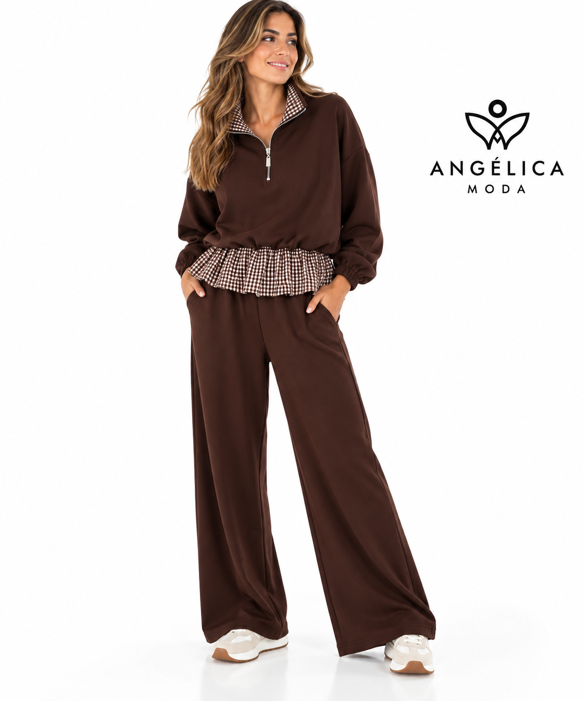 Conjunto de mujer marrón chocolate de algodón con sudadera de cuadros y pantalón ancho