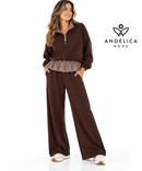 Conjunto de mujer marrón chocolate de algodón con sudadera de cuadros y pantalón ancho