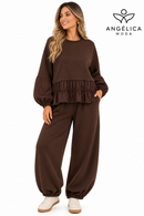 Conjunto de mujer marrón chocolate de algodón con sudadera de volante y pantalón jogger
