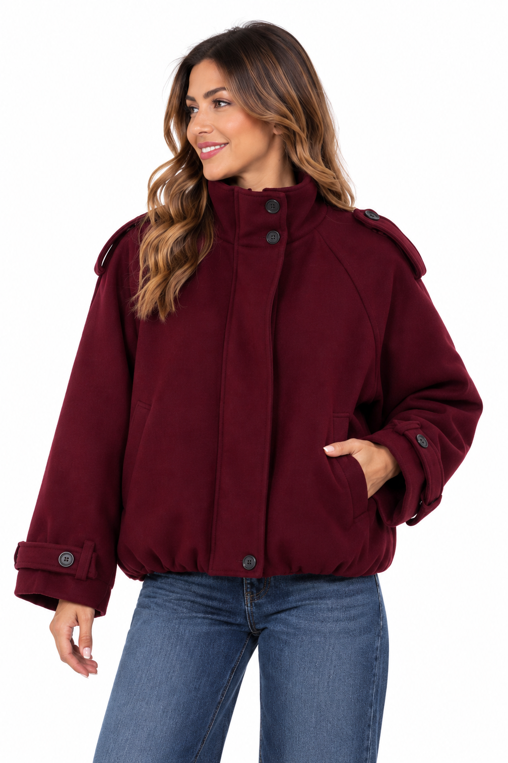 Chaquetón de paño burdeos para mujer, forrado y con botones