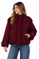 Chaquetón de paño burdeos para mujer, forrado y con botones