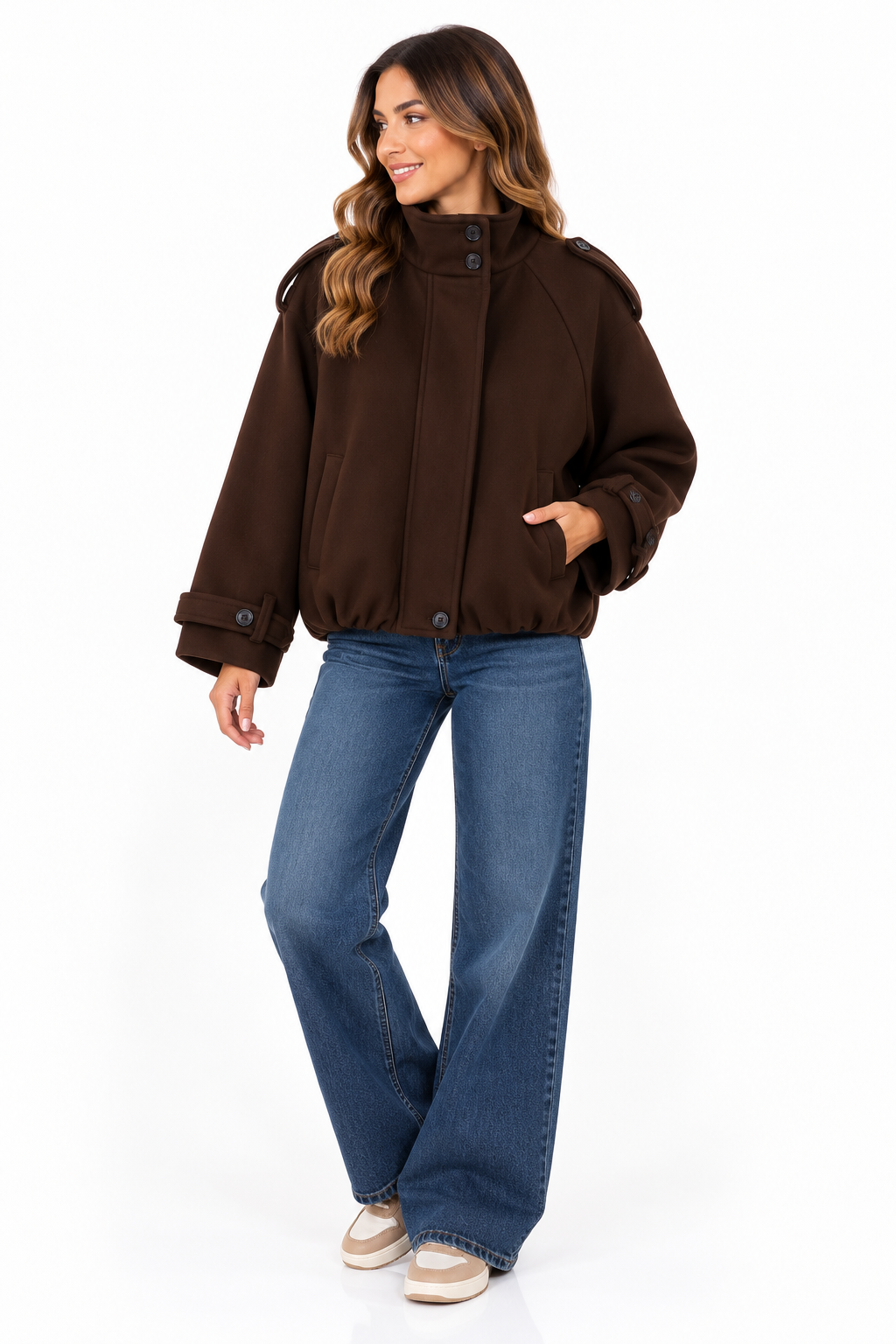 Chaquetón de paño marrón chocolate para mujer, forrado y con botones corto