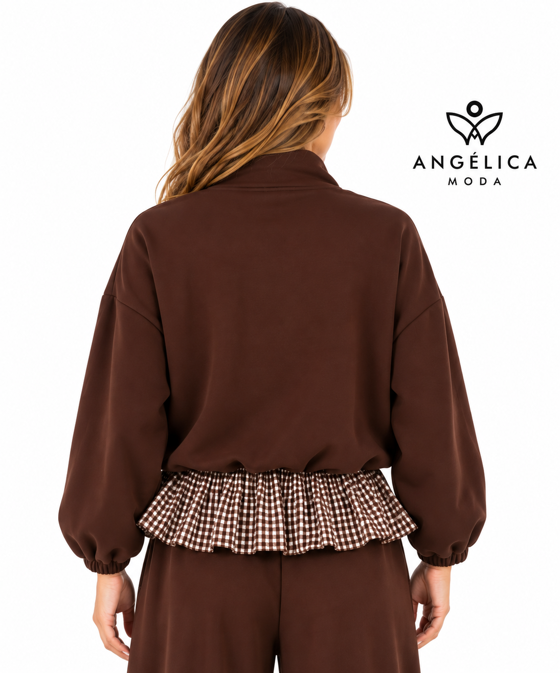Conjunto de mujer marrón chocolate de algodón con sudadera de cuadros y pantalón ancho