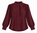 Camisa burdeos de mujer con cuello mao y volante delantero