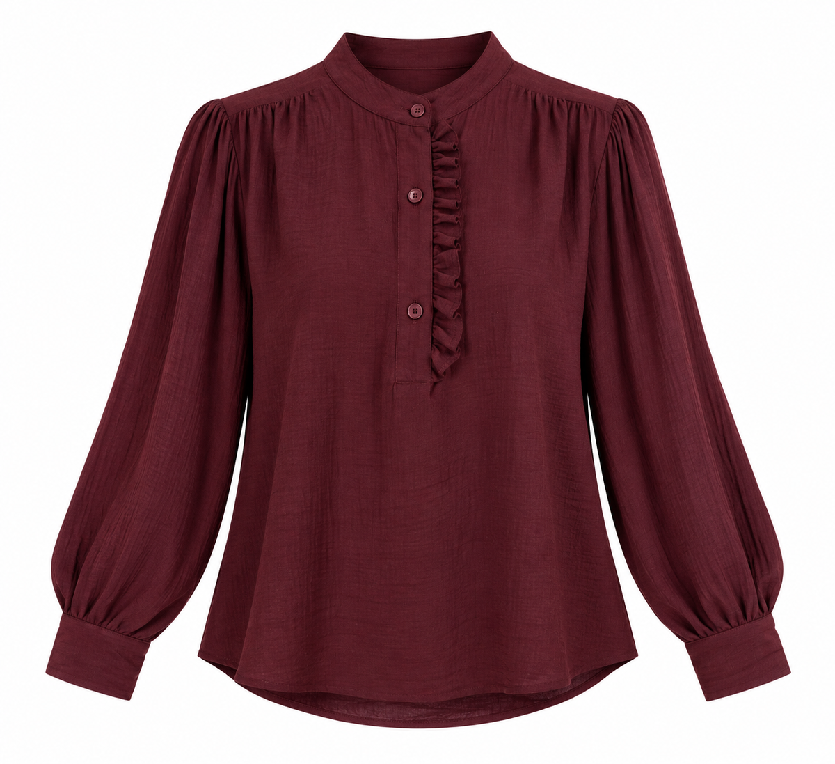 Camisa burdeos de mujer con cuello mao y volante delantero