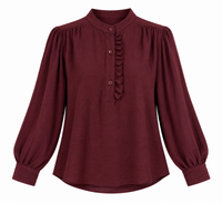 Camisa burdeos de mujer con cuello mao y volante delantero