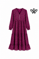Vestido midi estampado berenjena con escote en pico y volantes