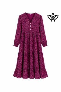 Vestido midi estampado berenjena con escote en pico y volantes