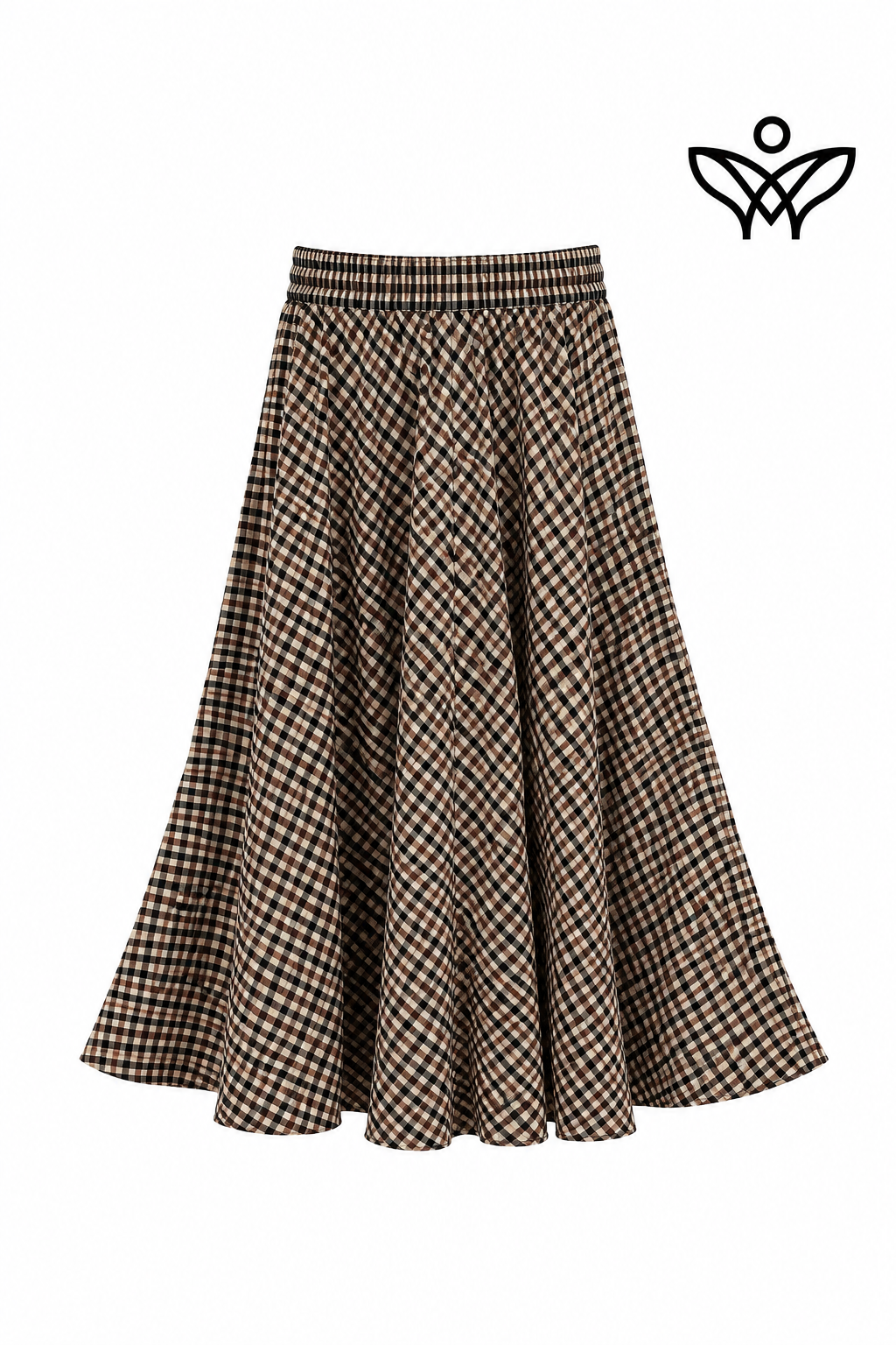 Falda midi de cuadros vichy beige y negra con cintura elástica