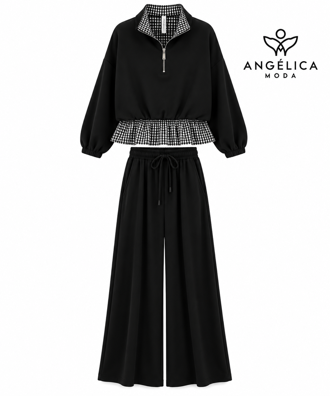 Conjunto de mujer negro de algodón con sudadera de cuadros y pantalón ancho