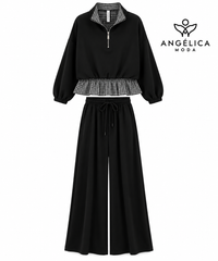 Conjunto de mujer negro de algodón con sudadera de cuadros y pantalón ancho