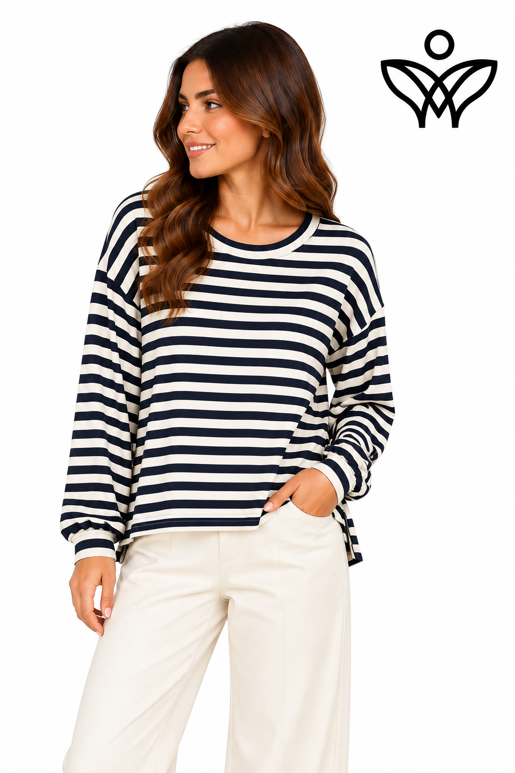Camiseta de rayas marino y beige de manga larga con aberturas laterales